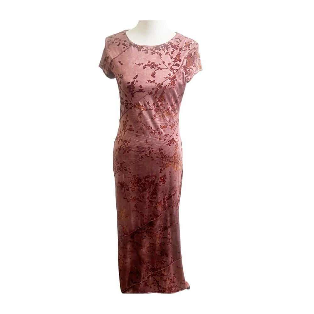 Thirty Thirty LA Bodycon Maxi Dress Womens L Mauve Floral Short Sleeve Elegant